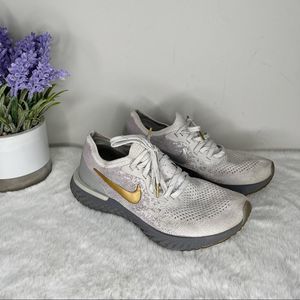Nike Epic React Flyknit Premium Vast Gray & Gold Running Sneakers in Size 7